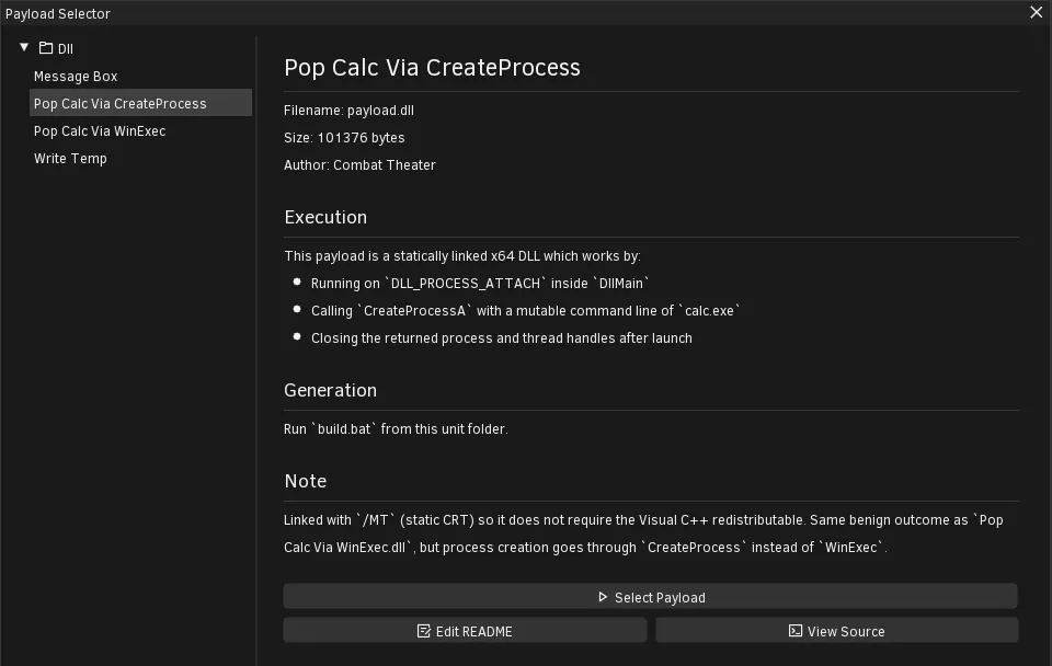 Payload viewer with edit readme and view source buttons