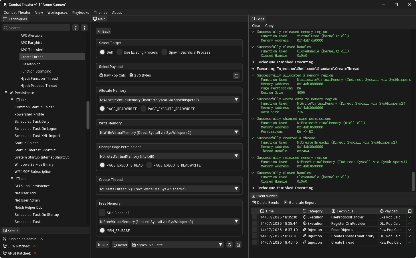 Combat Theater technique emulation interface generating telemetry